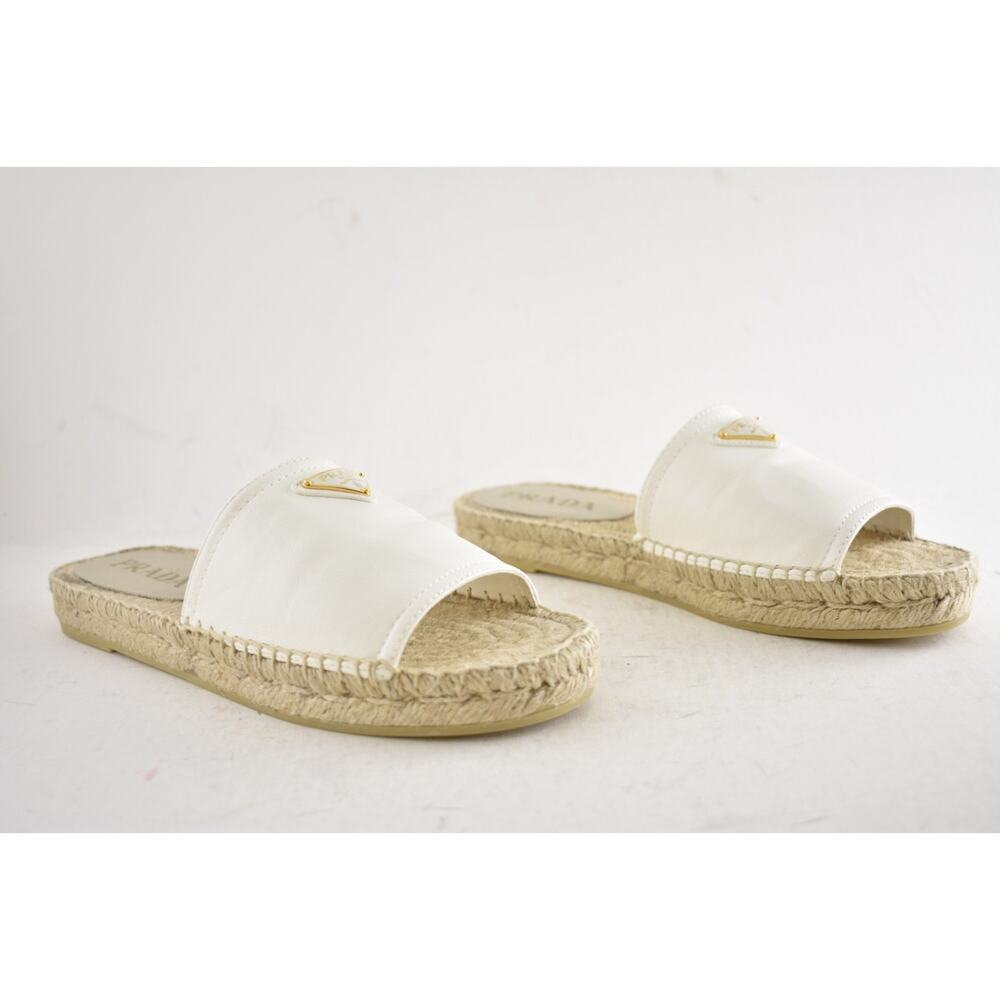 Prada Gold Triangle Logo Avorio White Leather Espadrille Slide Sandal Flat 37 - Picture 5 of 16